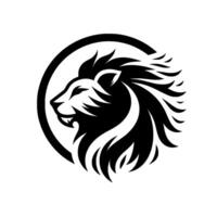 A stylized monochrome of a lions head in profile, enclosed within a black circular frame, exuding strength and elegance. vector