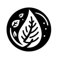A minimalist black and white , featuring a large leaf within a circular frame, and smaller leaves scattered around it, suggesting nature, growth, and harmony. vector