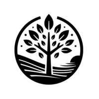 Minimalist Black and White Nature A Stylized Tree in a Circular Emblem with Landscape Elements and Dots, Emphasizing Simplicity. vector