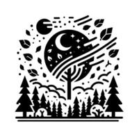 A stylized black and white illustration of a night forest scene, with a crescent moon and stars within a large tree, surrounded by falling leaves, clouds, and pine trees. vector