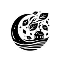 Stylized Black and White Emblem A house nestled amidst leaves and stars within a crescent moon, evoking a sense of natures embrace and tranquility. vector