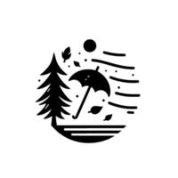 Black and white circular illustration of a windy autumn day with a pine tree, umbrella, falling leaves, and sun, evoking a simple, minimalist style. vector