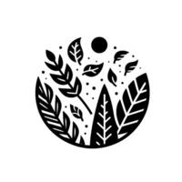 Elegant monochromatic botanical illustration within a circular frame, depicting leaves, branches, and a sun against a clean white background, evoking a sense of harmony and simplicity. vector