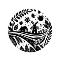 Monochrome Circular Illustration A stylized farmhouse, windmill, sun, and fields are nestled within a decorative botanical frame. vector