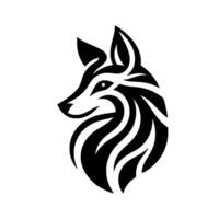A stylized black and white featuring a sleek, abstract depiction of a wolfs head in profile with intricate flowing patterns. vector