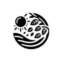Monochrome circular featuring a stylized sun with rays, flowing water and leaves, all within a defined circular frame. vector