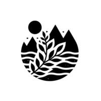 Stylized black and white nature scene mountains, water, sun, and a leafy branch arranged within a circle, creating a minimalist . vector