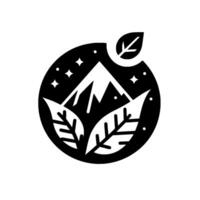 Stylized black and white of mountain peaks, leaves and stars within a circle. vector