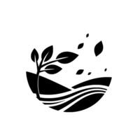Monochrome, stylized illustration of a sprouting plant with floating leaves, situated in a curved landscape suggestive of growth and natural beauty. vector