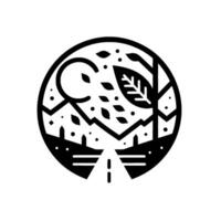 Black and white geometric illustration of a circular landscape with mountains, a road, moon, and stylized leaves, creating a harmonious and minimalist . vector