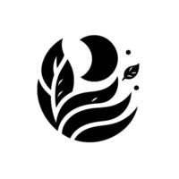 A minimalist black and white illustration depicting a stylized plant with leaves and a crescent moon, contained within a circular shape. vector