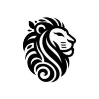 A stylized, minimalist illustration of a lions head in profile, rendered in black and white with intricate, swirling patterns, evoking power and elegance. vector
