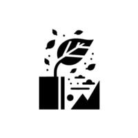 Simplified black silhouette a sprouting plant with stylized floating leaves, nestled within a pot, complemented by mountain range and clouds. vector