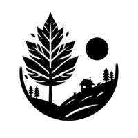 A minimalist black and white nature scene featuring a large leaf encompassing a landscape with a house, trees, and a sun, inside a circle. vector