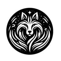 Intricate Wolf Crest A stylized black and white emblem depicting a serene wolf encircled by a celestial backdrop. vector