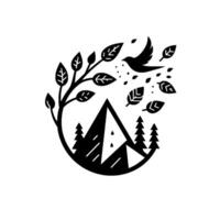 A stylized illustration of a mountain, tree and soaring bird, framed by leaves, in black and white, evoking natures serenity and freedom. vector