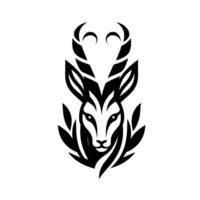 A minimalist black and white emblem of a deers head and antlers, showcasing a geometric and stylized on a clean, white background. vector