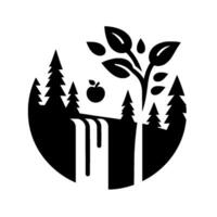 Stylized nature scene, featuring a forest with waterfall, apple, and tree, all within a circular border, with . vector