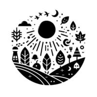A stylized black and white illustration within a circle, depicting a rural scene with a sun, trees, a farmhouse, and celestial elements like birds and a crescent moon. vector