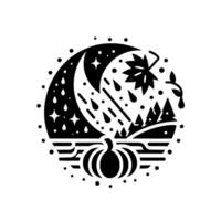 A circular, blackandwhite stylized illustration with a crescent moon, rain, stars, a fall leaf, a silhouette of trees, a pumpkin, and a water line, representing autumn. vector