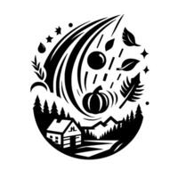 A circular black and white illustration depicts a cozy cabin scene with autumnal elements like a pumpkin, falling leaves, and stars within a stylized . vector