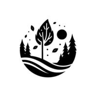 A stylized monochrome landscape featuring a central tree with leafshaped crown, encircled by fir trees, a rolling landscape, and a sun, creating a minimalist and naturalistic vignette. vector