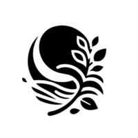 Abstract Monochrome Crescent Moon, Foliage Branch, and Water, set against a blank white backdrop, evoking serenity. vector