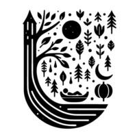 A serene silhouette of a person relaxing in a boat, amidst a stylized night scene of nature with trees, moon, and pumpkin. vector