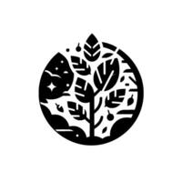 A stylized black and white circular illustration featuring a tree with leaves and fruits within a night sky and clouds scene. vector