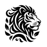Stylized, black and white illustration of a lions head profile, encircled by flowing, artistic patterns and leaflike elements, on a clean white background. vector