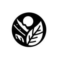 Minimalist Black and White Emblem Abstract nature scene inside a circular frame. Sun, mountains, leaves convey harmony. vector