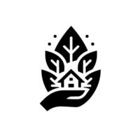 Black and white minimalist of a hand cradling a house within a stylized leaf, symbolizing ecofriendly home ownership. vector