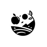 Minimalist Black and White Circular Composition with Apple, Hills, Sun, and Leaves, Evoking Nature. vector