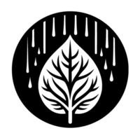 Monochrome natureinspired a leafvein tree inside a black circle, with teardropshaped raindrops around its perimeter, symbolizing growth and life. vector