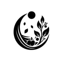Elegant Black and White Circular Featuring Apples, Leaves, Berries, and a Sun, Symbolizing Natures Bounty. vector