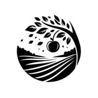 A monochrome, stylized illustration featuring a fruit tree with a single cherry against a backdrop of cultivated fields and rolling hills, encapsulated within a circular frame. vector