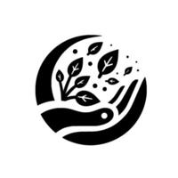 A stylized black and white depicts a nurturing hand cradling delicate plant life within a circular frame, symbolizing growth and care. vector