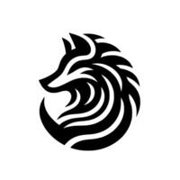 A stylized, monochromatic illustration of a wolfs head in a circular form, showcasing flowing, curved lines with negative space. vector