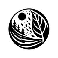 A minimalist monochrome circular featuring a landscape, trees, a sun, and a leaf, blending nature elements. vector