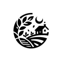 A circular monochrome emblem featuring a cozy cottage atop rolling hills, flanked by stylized foliage and a crescent moon, creating a sense of tranquility. vector