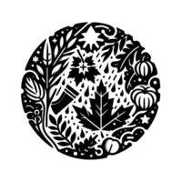Circular Black and White Illustration Autumns Bounty Leaves, Pumpkins, Rain, Sunburst in a Whimsical vector