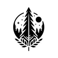 A stylized black and white illustration of a pine tree silhouette encompassed within an oval frame featuring night sky elements and forest scenery, atop a leafy base. vector