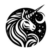 Intricate Black and White of a Majestic Unicorn Head in a Night Sky Circle with Stars and Crescent Moon. vector