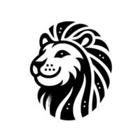 A bold black and white illustration of a smiling lions head, stylized with stripes and dots on a plain white background, creating a modern and friendly . vector