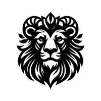 A regal lions head crest, rendered in bold black and white with stylized fur, a crownlike ornament, and an intense, direct gaze. vector