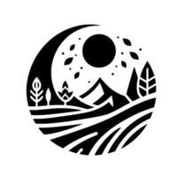 A stylized black and white circular depicting a landscape with mountains, trees, fields, and celestial elements like the sun and moon, representing a serene natural scene. vector