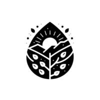 Minimalist black and white nature featuring a stylized teardrop encompassing mountains, sun rays, and a budding plant, evoking a sense of growth and tranquility. vector
