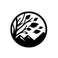 A minimalist black and white featuring a tree, mountains, and leaves arranged inside of a circle. vector