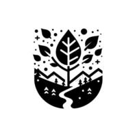Minimalist Black and White EcoFriendly Illustration A stylized tree with mountains, river, leaves, and dots, showcasing natures simplicity. vector