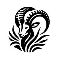 A Bold, Illustration of a Ram Head with Intricate Horns and Leafy Accents in Black and White on a Clean White Background. vector